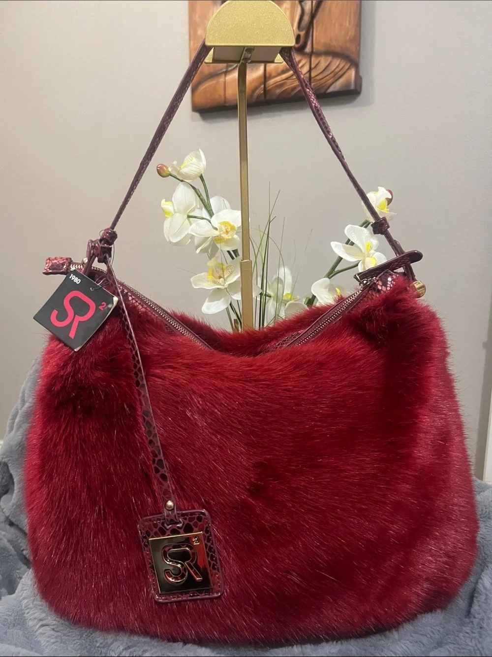 SR Sondra Roberts Deep Red Faux Fur Hobo with Logo Charm NWT retail $132